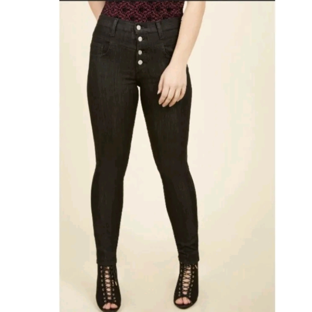 BNWOT Modcloth karaokee seamstress black denim HIGH WAIST jeans with button fly